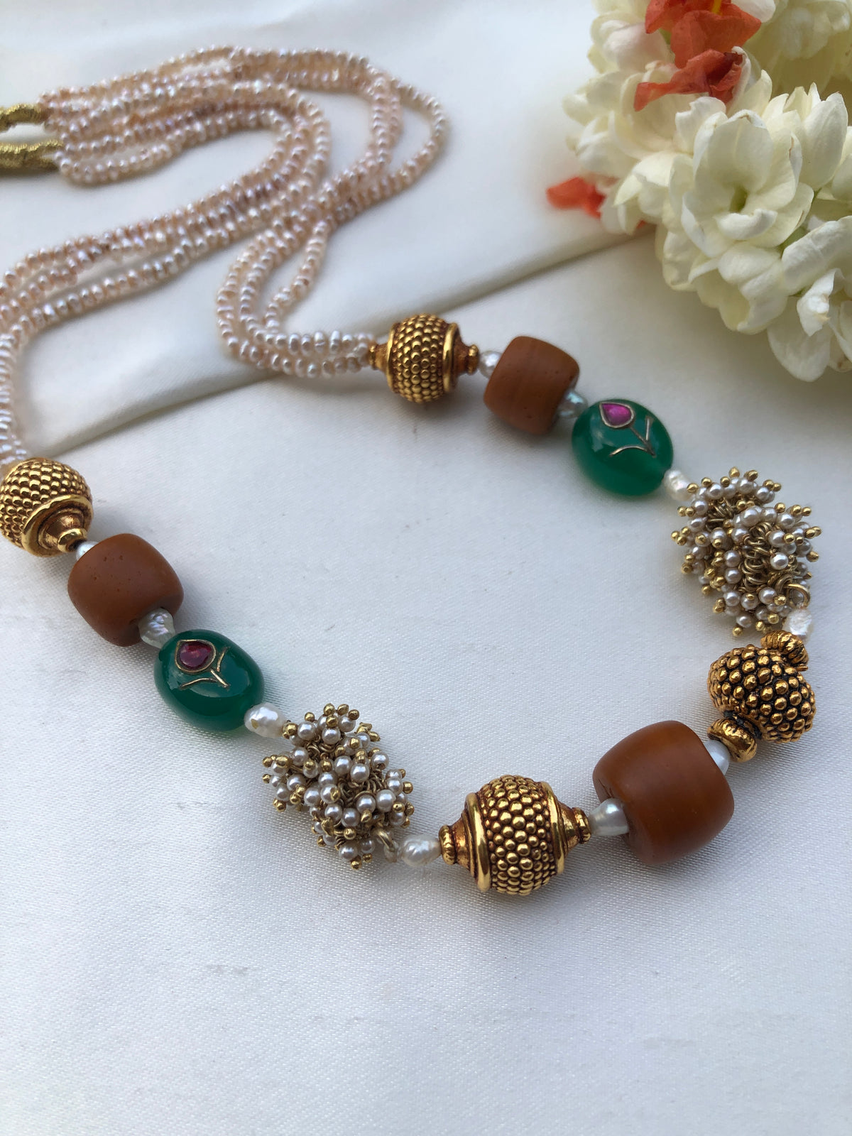 Antique style pearls with jade & kundan work with coral necklace-Silver Neckpiece-PL-House of Taamara