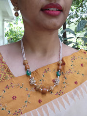Antique style pearls with jade & kundan work with coral necklace-Silver Neckpiece-PL-House of Taamara
