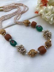Antique style pearls with jade & kundan work with coral necklace-Silver Neckpiece-PL-House of Taamara