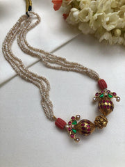 Antique style pearls with kundan beads and coral pendant with pearls necklace-Silver Neckpiece-PL-House of Taamara