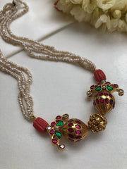 Antique style pearls with kundan beads and coral pendant with pearls necklace-Silver Neckpiece-PL-House of Taamara