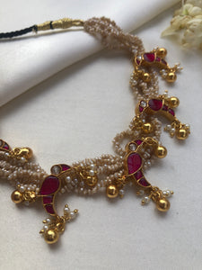Antique style pearls with kundan birds & pearls bunch-Silver Neckpiece-PL-House of Taamara