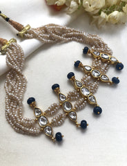 Antique style pearls with kundan & blue onyx batti beads necklace-Silver Neckpiece-PL-House of Taamara