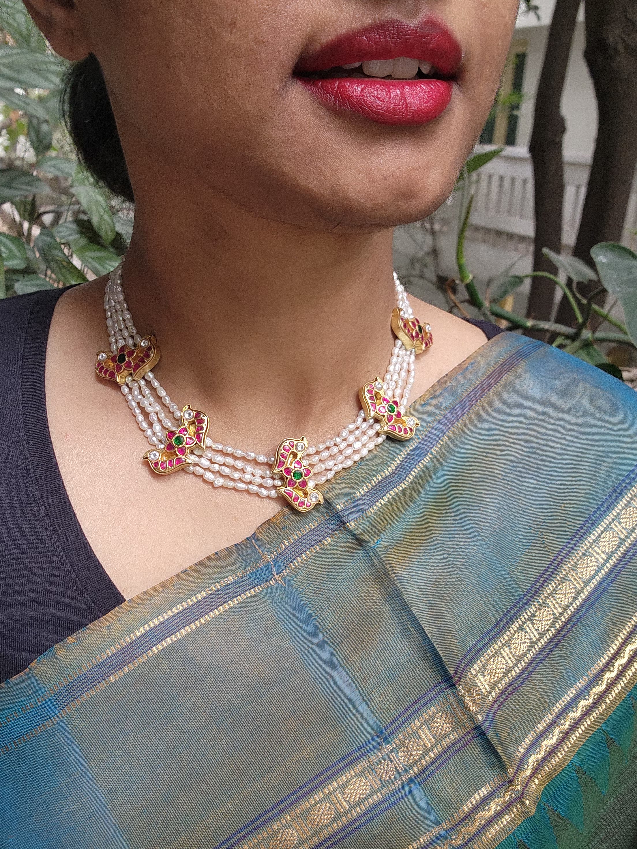 Antique style pearls with kundan peacock choker-Silver Neckpiece-PL-House of Taamara