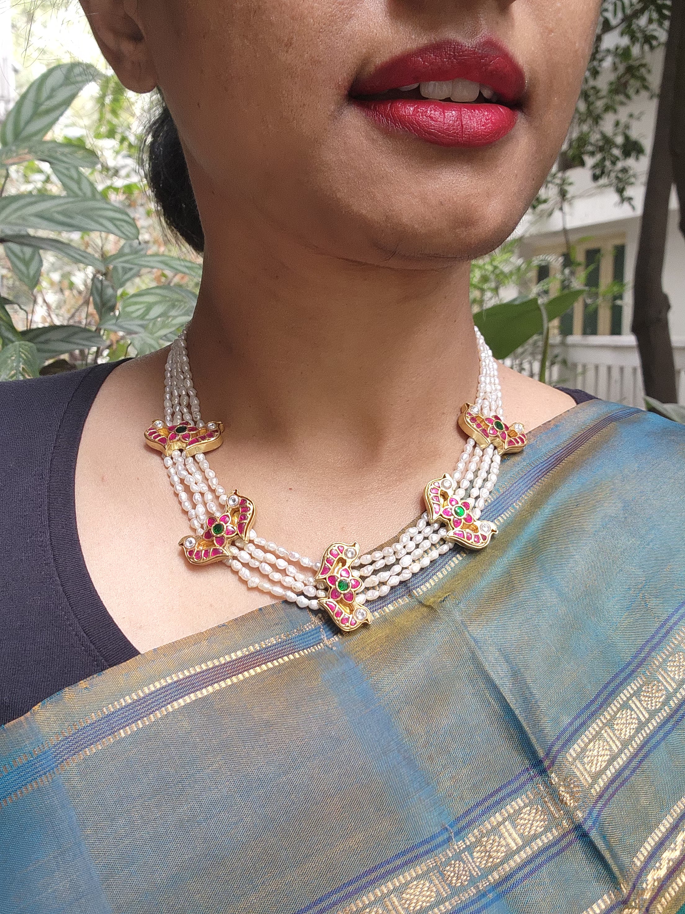 Antique style pearls with kundan peacock choker-Silver Neckpiece-PL-House of Taamara