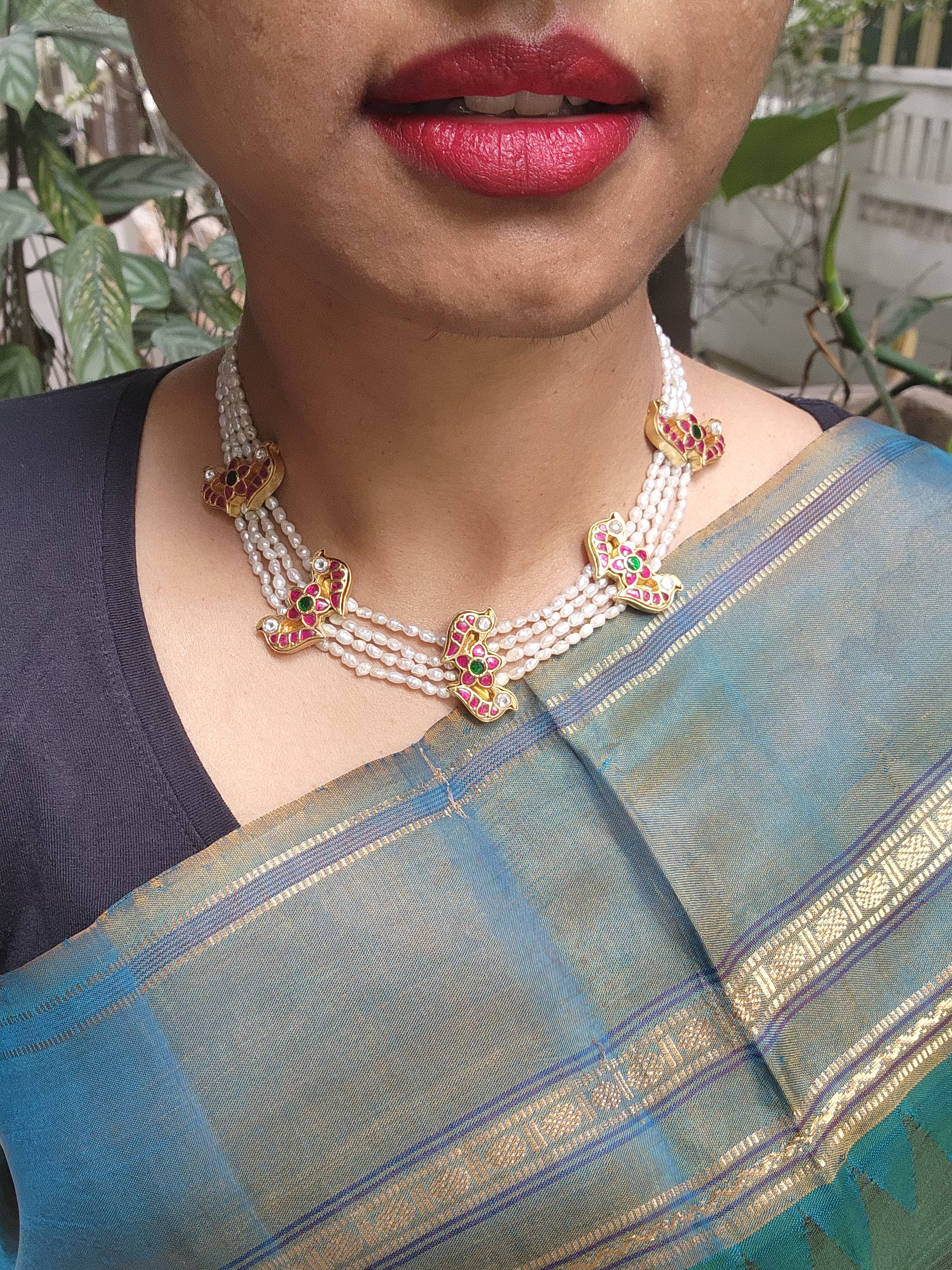Antique style pearls with kundan peacock choker-Silver Neckpiece-PL-House of Taamara