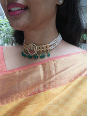 Antique style pearls with kundan ruby & green beads choker-Silver Neckpiece-PL-House of Taamara