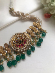 Antique style pearls with kundan ruby & green beads choker-Silver Neckpiece-PL-House of Taamara