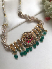 Antique style pearls with kundan ruby & green beads choker-Silver Neckpiece-PL-House of Taamara