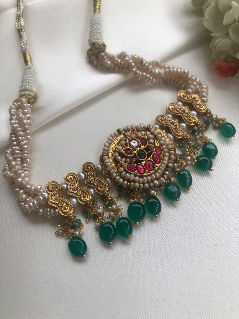 Antique style pearls with kundan ruby & green beads choker-Silver Neckpiece-PL-House of Taamara