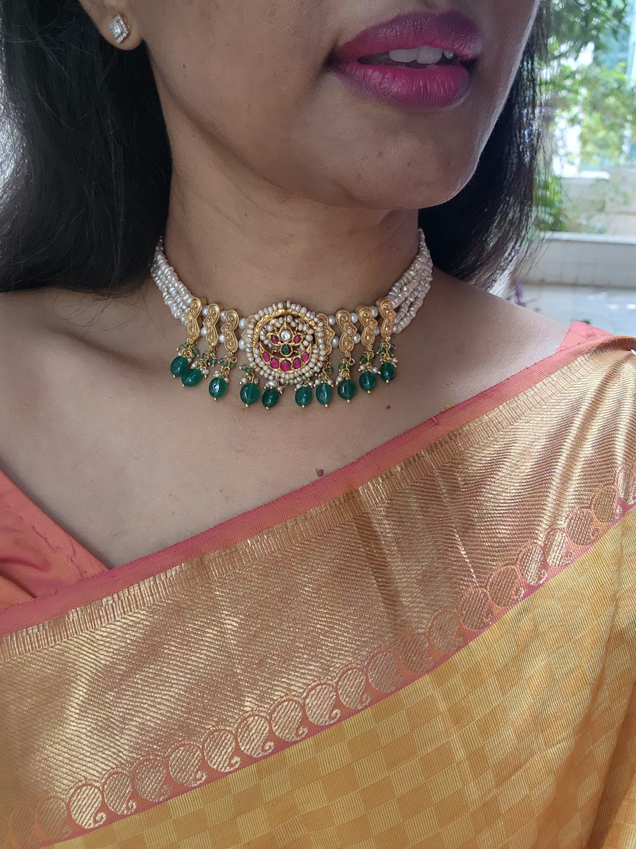 Antique style pearls with kundan ruby & green beads choker-Silver Neckpiece-PL-House of Taamara