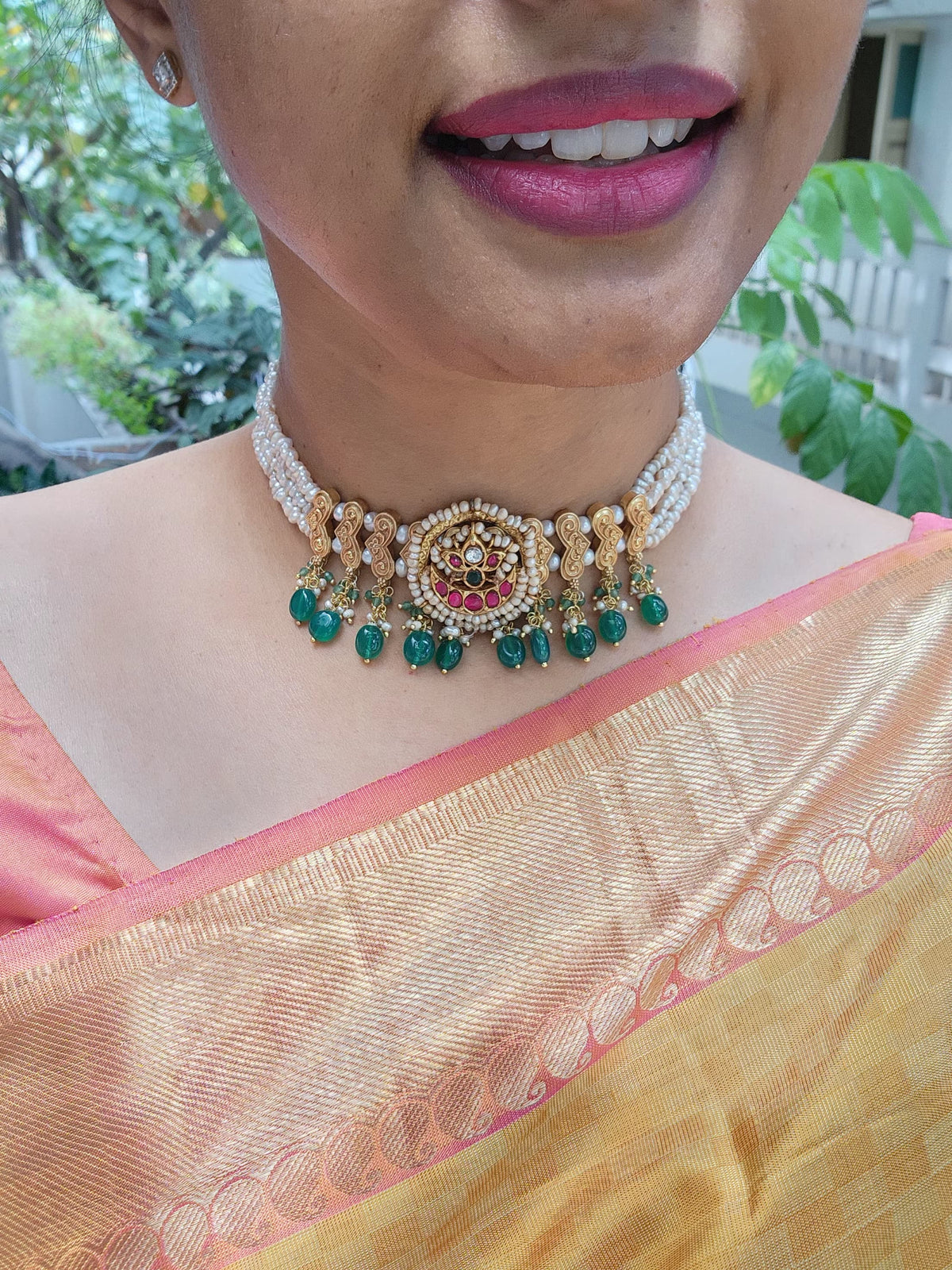 Antique style pearls with kundan ruby & green beads choker-Silver Neckpiece-PL-House of Taamara