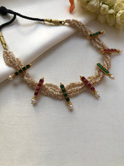 Antique style pearls with kundan ruby & green sticks choker-Silver Neckpiece-PL-House of Taamara