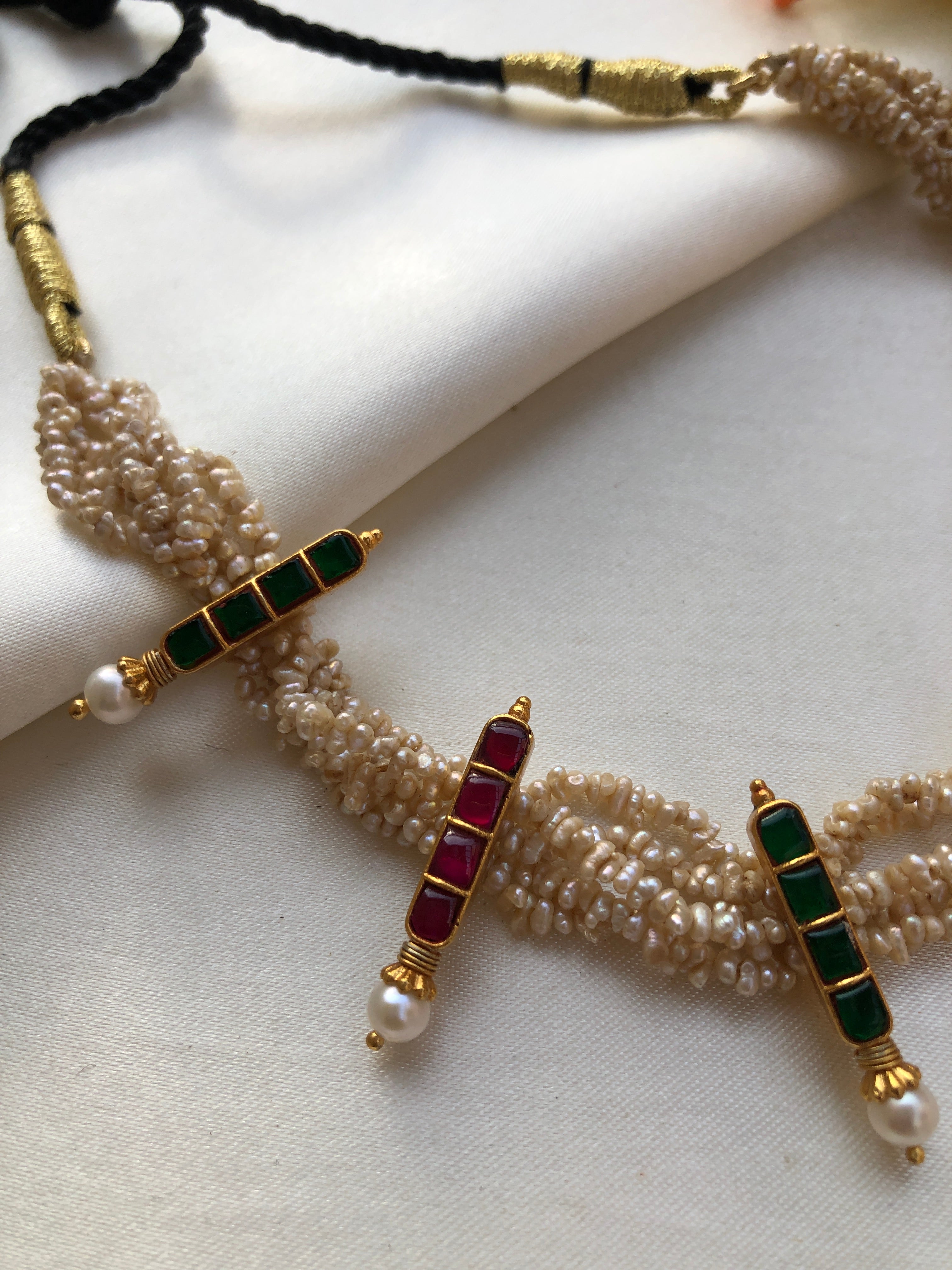 Antique style pearls with kundan ruby & green sticks choker-Silver Neckpiece-PL-House of Taamara