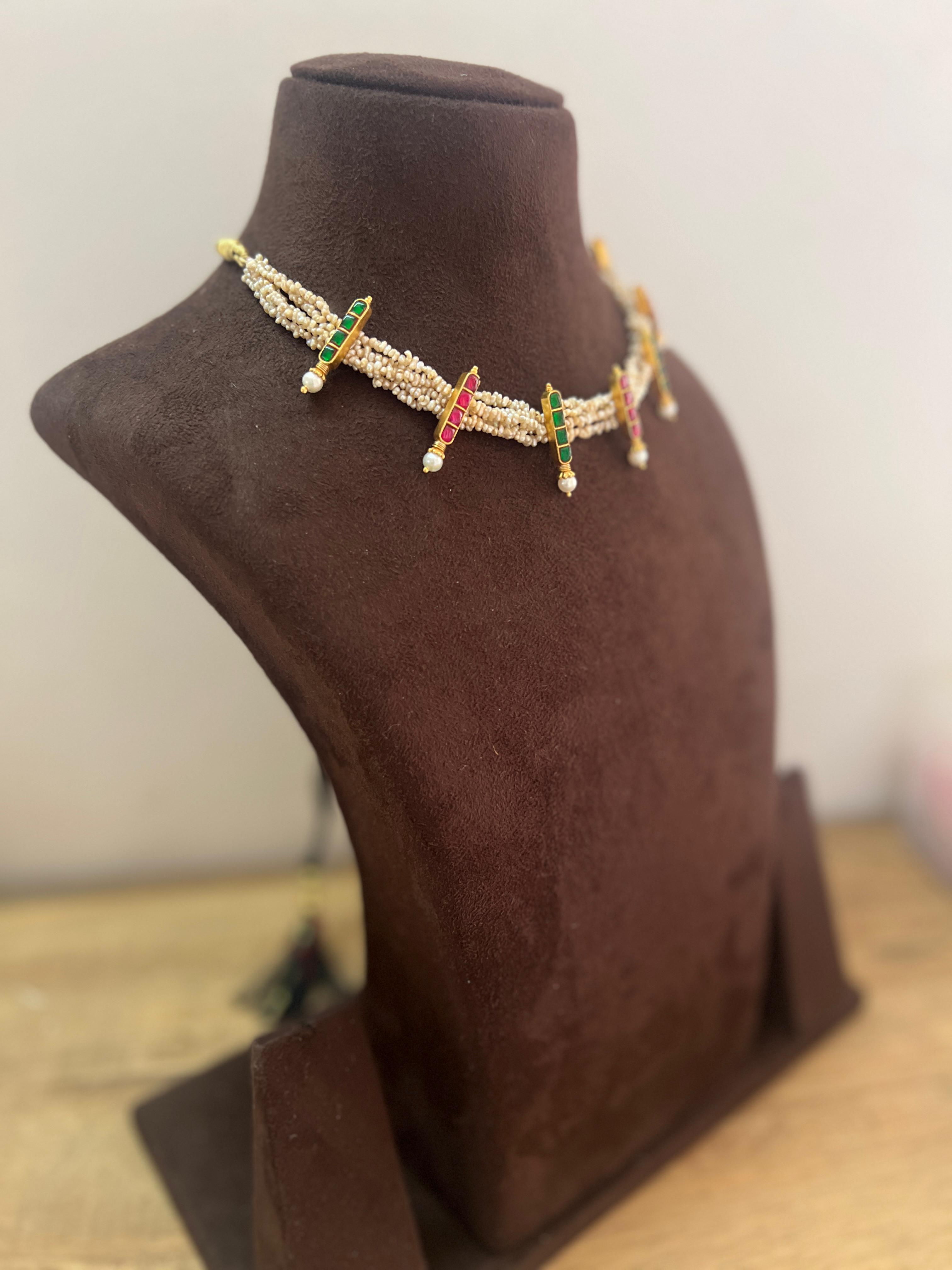 Antique style pearls with kundan ruby & green sticks choker-Silver Neckpiece-PL-House of Taamara