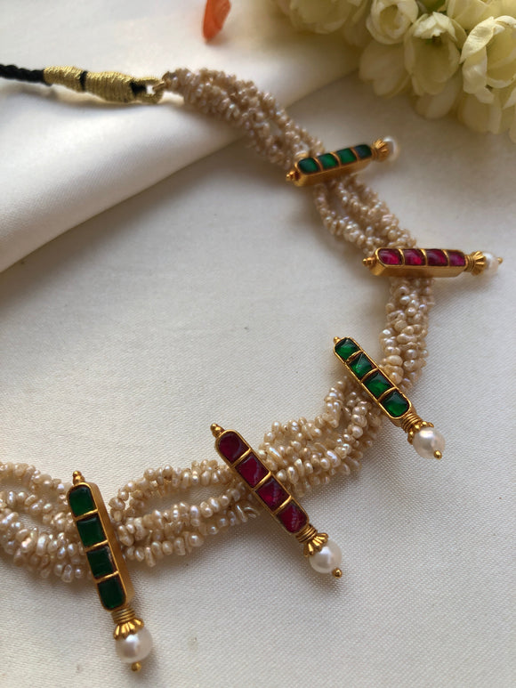 Antique style pearls with kundan ruby & green sticks choker-Silver Neckpiece-PL-House of Taamara