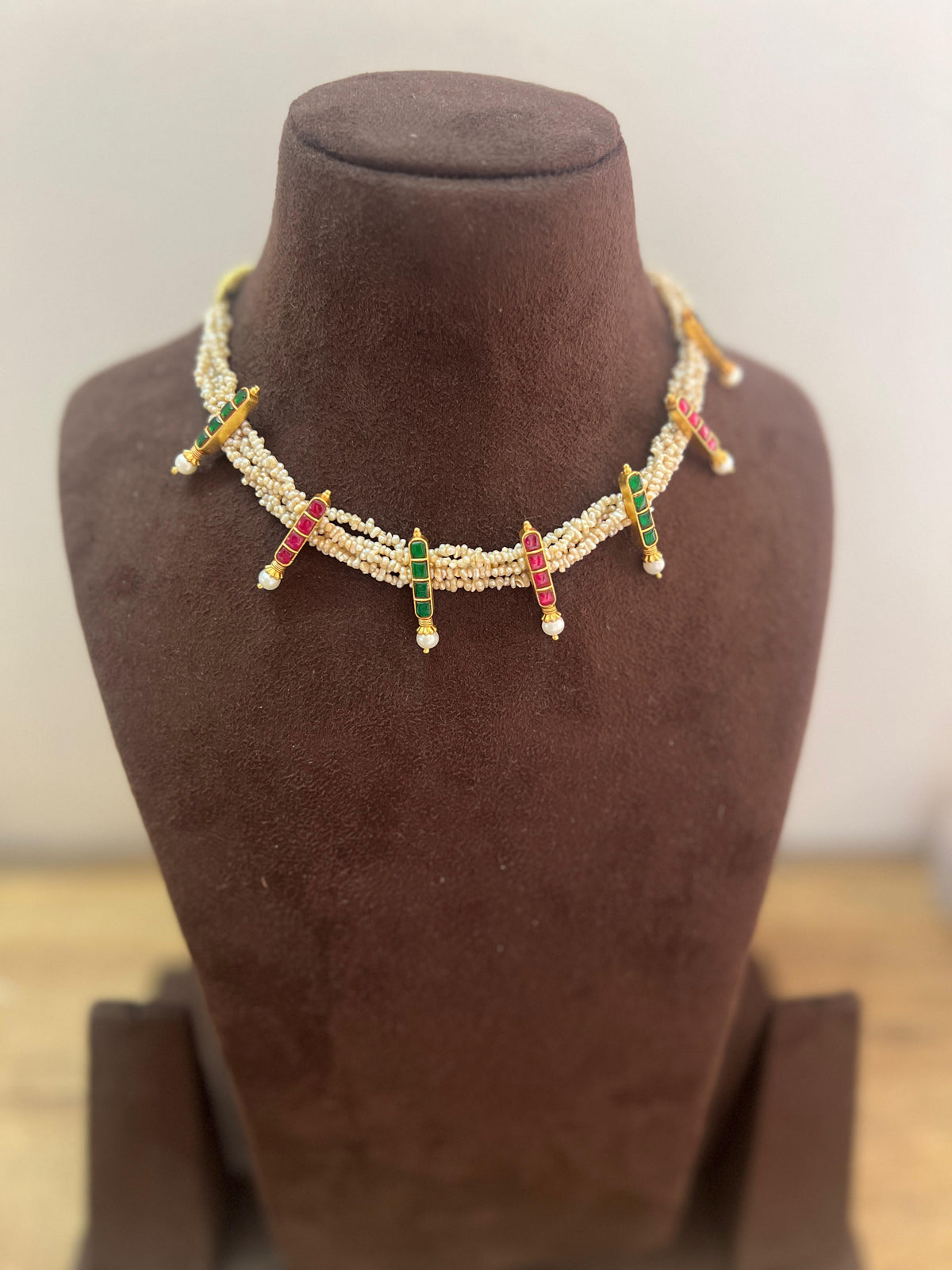 Antique style pearls with kundan ruby & green sticks choker-Silver Neckpiece-PL-House of Taamara