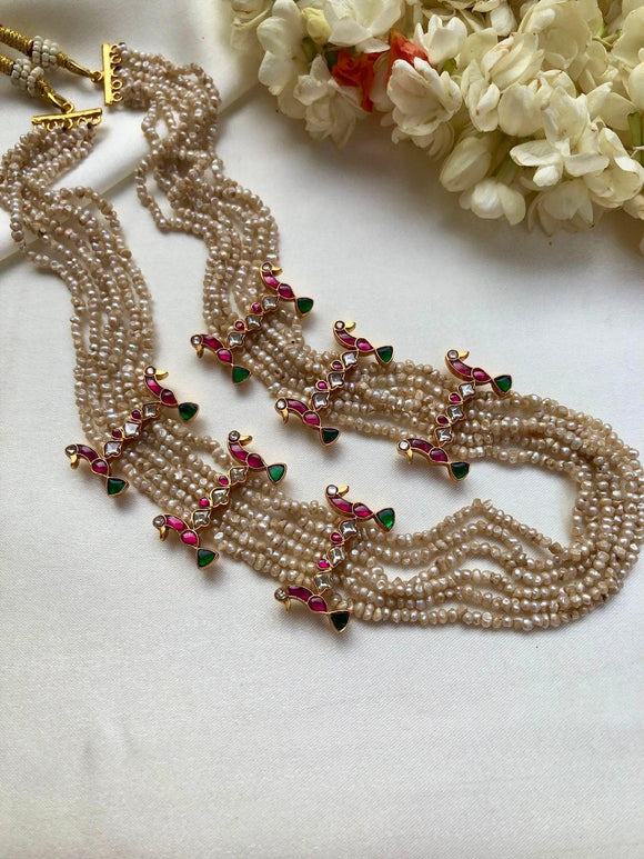 Antique style pearls with peacock kundan necklace-Silver Neckpiece-PL-House of Taamara