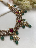 Antique style pearls with ruby & green beads necklace set-Silver Neckpiece-PL-House of Taamara