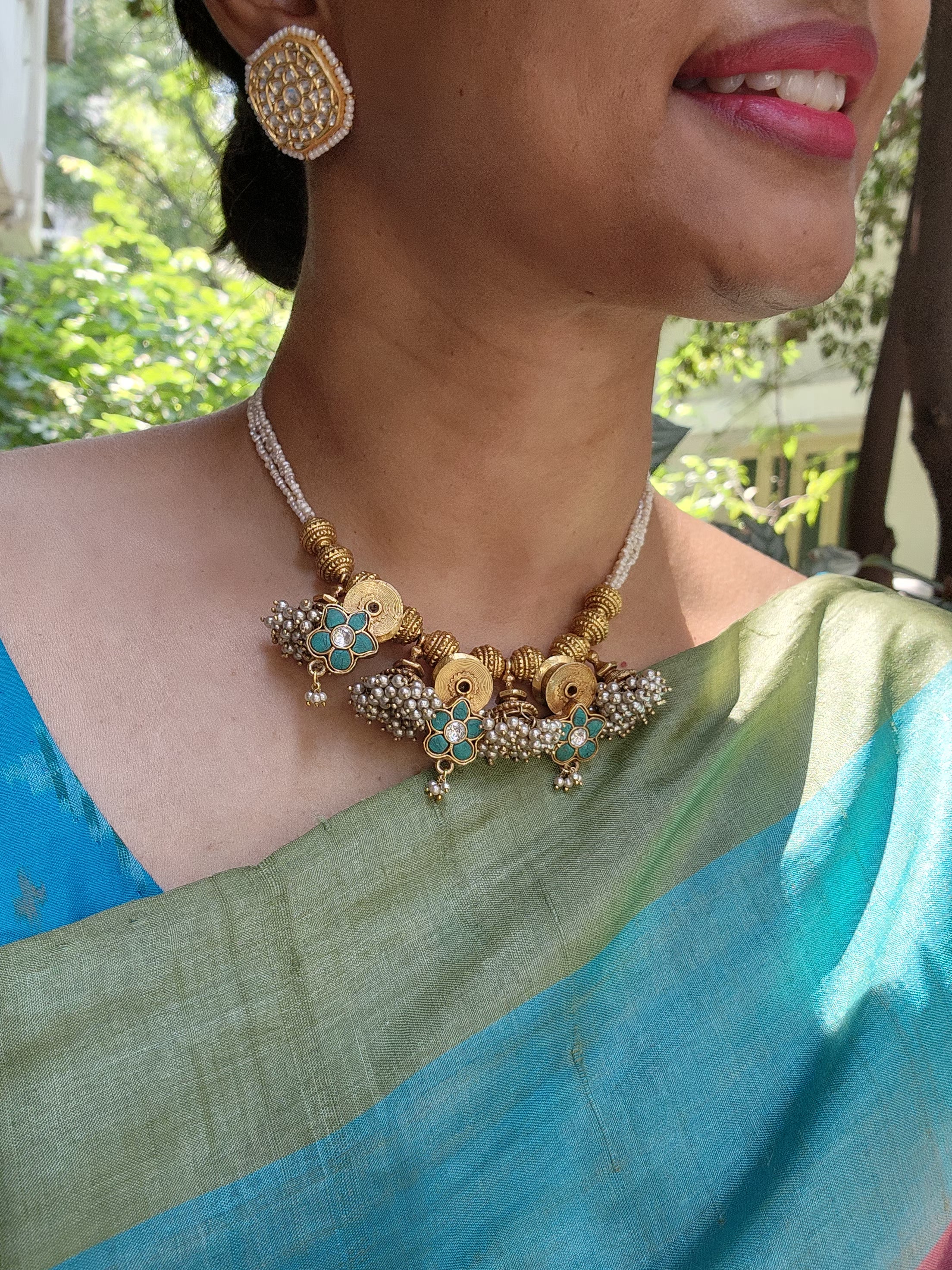 Antique style pearls with turquoise flowers & pearls jhumkas bunch-Silver Neckpiece-PL-House of Taamara