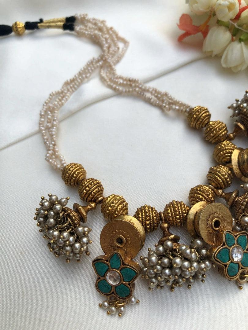Antique style pearls with turquoise flowers & pearls jhumkas bunch-Silver Neckpiece-PL-House of Taamara