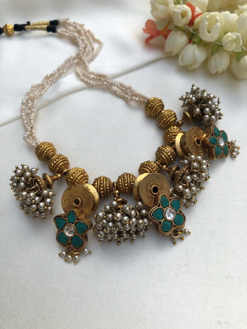 Antique style pearls with turquoise flowers & pearls jhumkas bunch-Silver Neckpiece-PL-House of Taamara