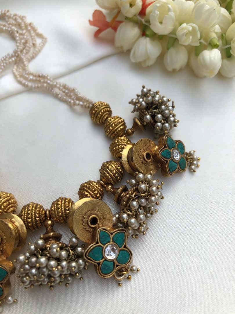 Antique style pearls with turquoise flowers & pearls jhumkas bunch-Silver Neckpiece-PL-House of Taamara