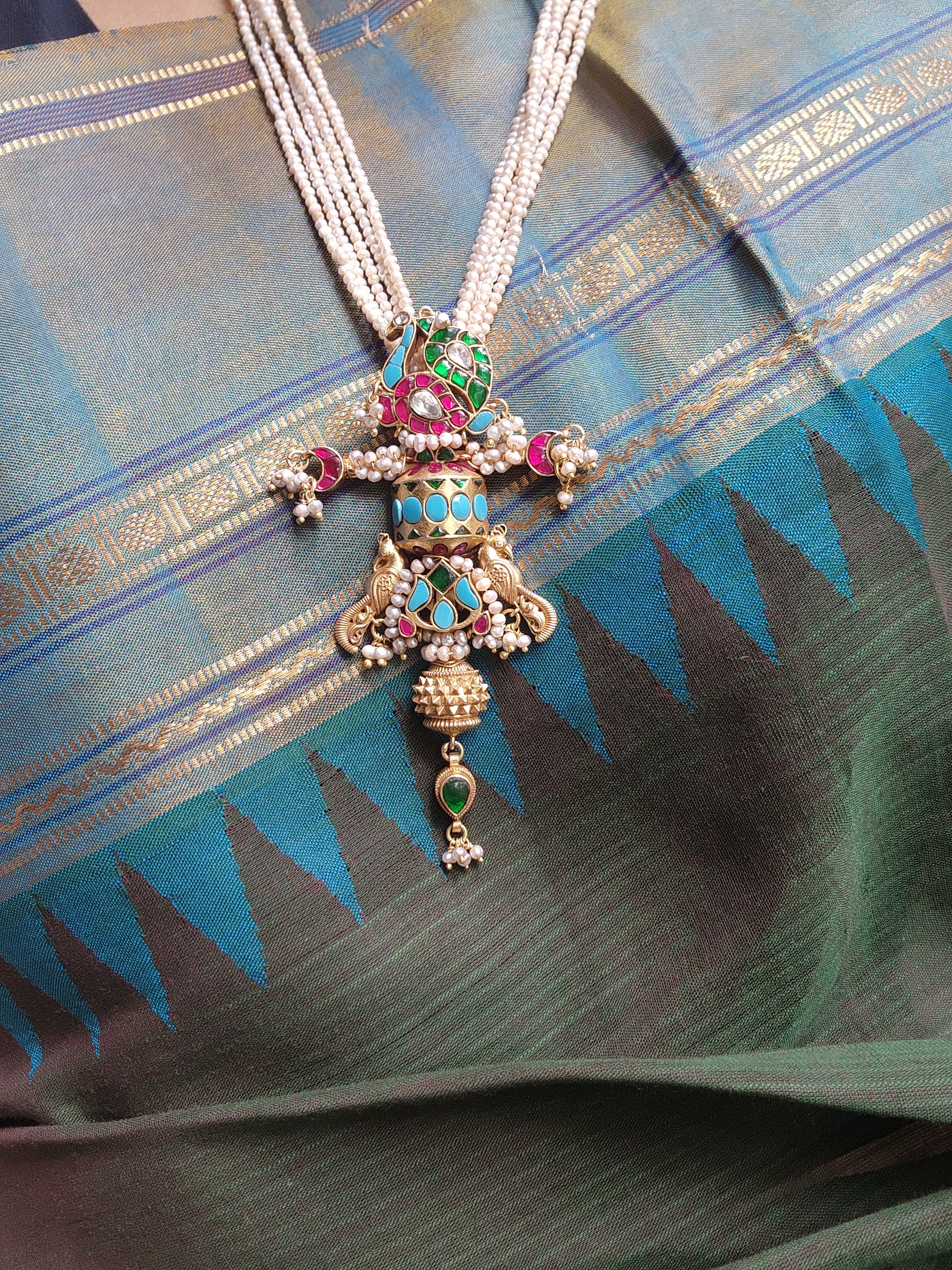 Antique style pearls with turquoise & ruby kundan pendant-Silver Neckpiece-PL-House of Taamara