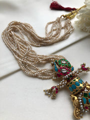 Antique style pearls with turquoise & ruby kundan pendant-Silver Neckpiece-PL-House of Taamara