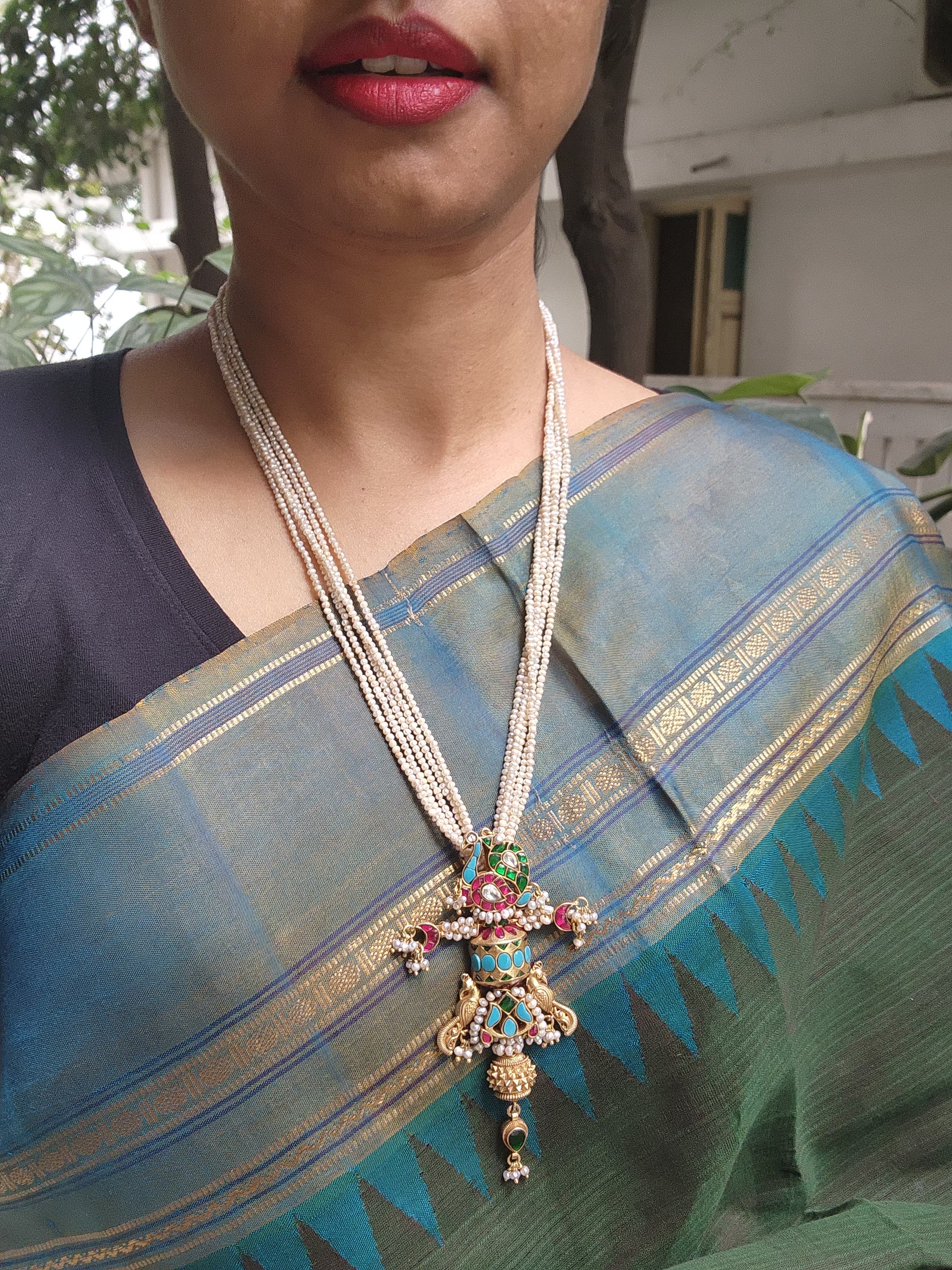 Antique style pearls with turquoise & ruby kundan pendant-Silver Neckpiece-PL-House of Taamara