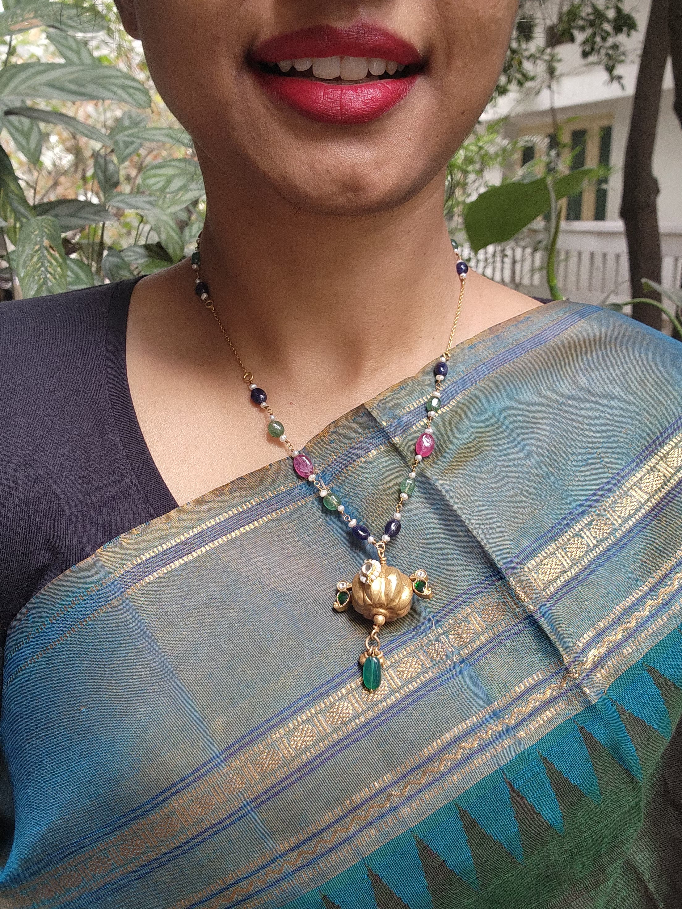 Antique style pendant with Ruby, green, blue & pearls chain-Silver Neckpiece-PL-House of Taamara