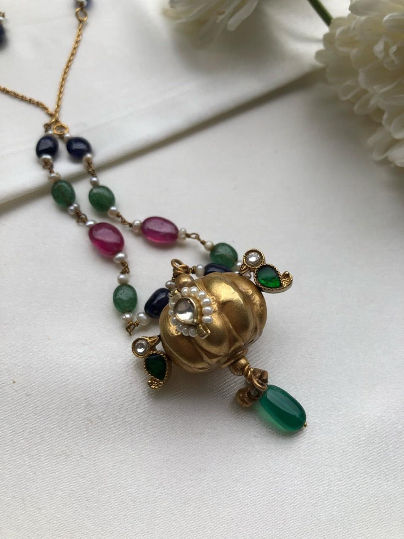 Antique style pendant with Ruby, green, blue & pearls chain-Silver Neckpiece-PL-House of Taamara
