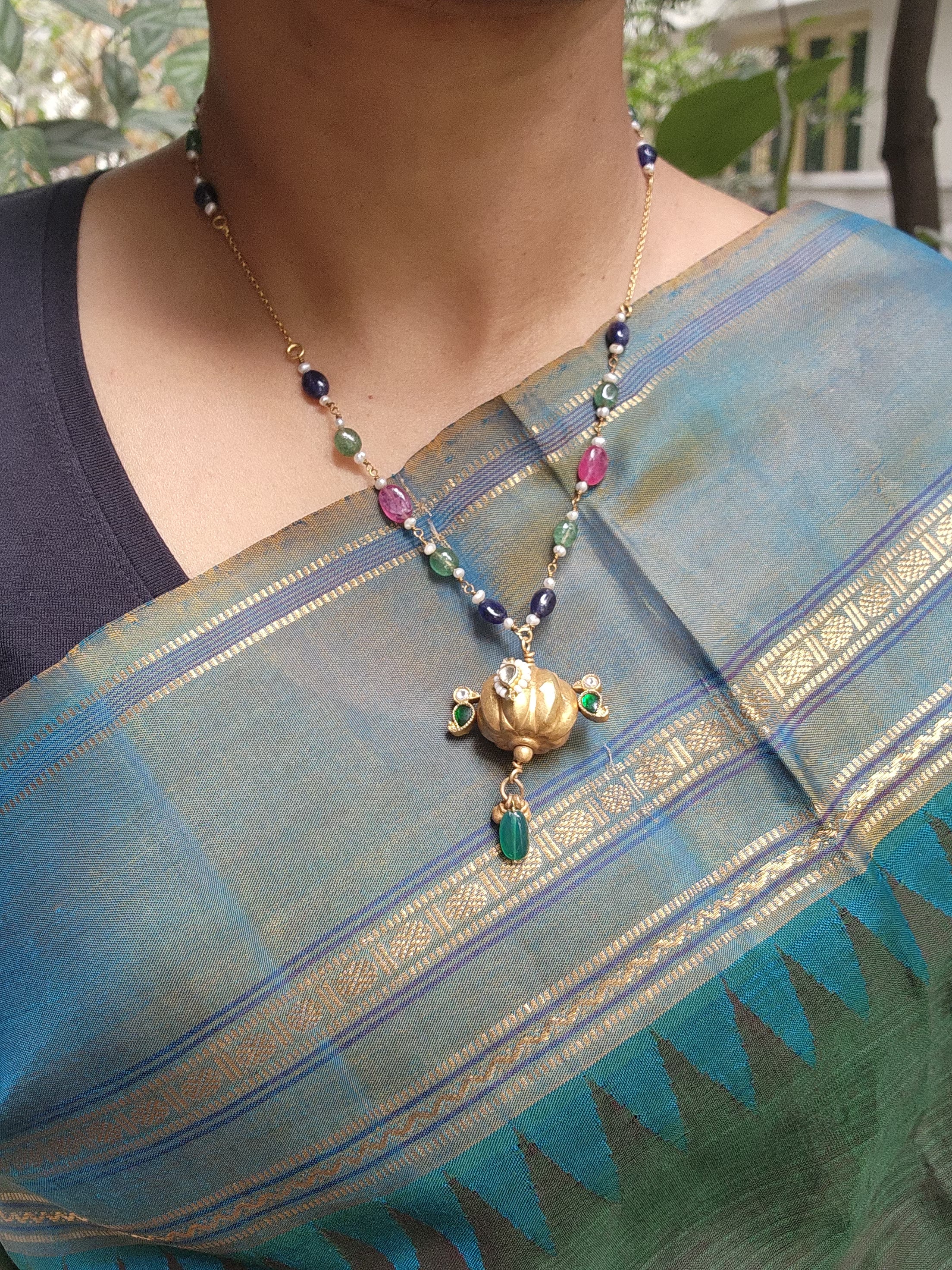 Antique style pendant with Ruby, green, blue & pearls chain-Silver Neckpiece-PL-House of Taamara