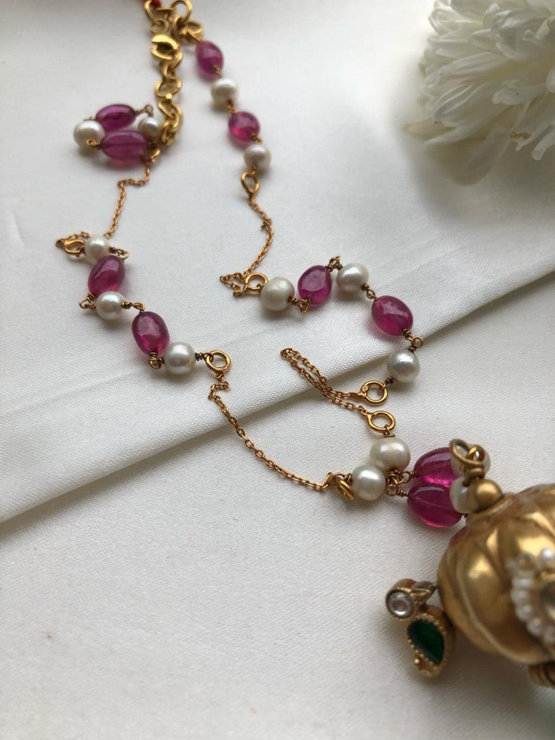 Antique style pendant with Ruby & pearls chain-Silver Neckpiece-PL-House of Taamara