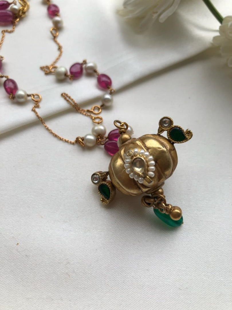 Antique style pendant with Ruby & pearls chain-Silver Neckpiece-PL-House of Taamara