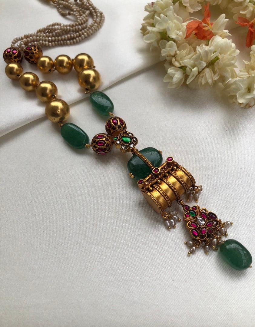 Antique style pendant with big gundu beads & green beads pearls mala-Silver Neckpiece-PL-House of Taamara