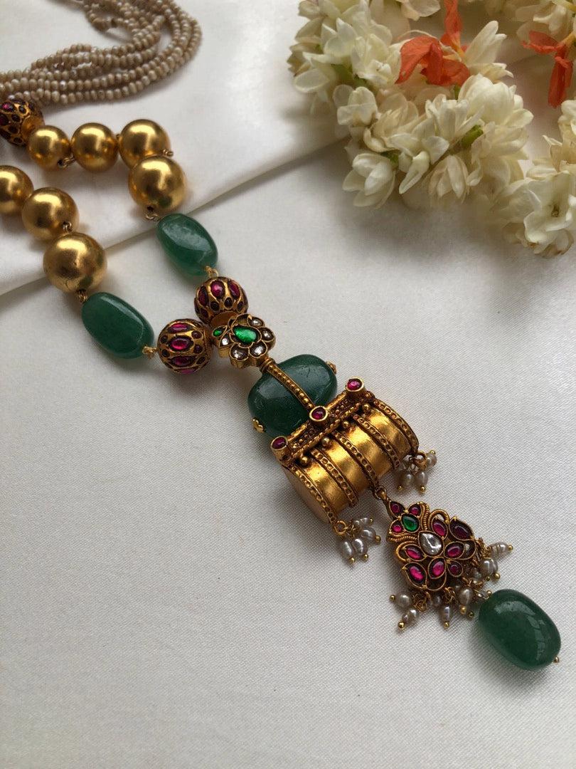 Antique style pendant with big gundu beads & green beads pearls mala-Silver Neckpiece-PL-House of Taamara