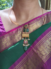Antique style pendant with green bead and kundan, hasli-Silver Neckpiece-PL-House of Taamara
