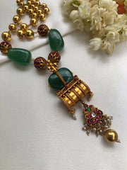 Antique style pendant with green beads & gold gundu beads necklace-Silver Neckpiece-PL-House of Taamara