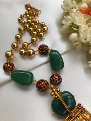 Antique style pendant with green beads & gold gundu beads necklace-Silver Neckpiece-PL-House of Taamara