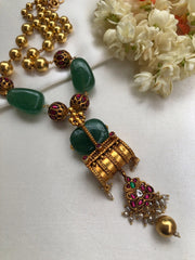 Antique style pendant with green beads & gold gundu beads necklace-Silver Neckpiece-PL-House of Taamara