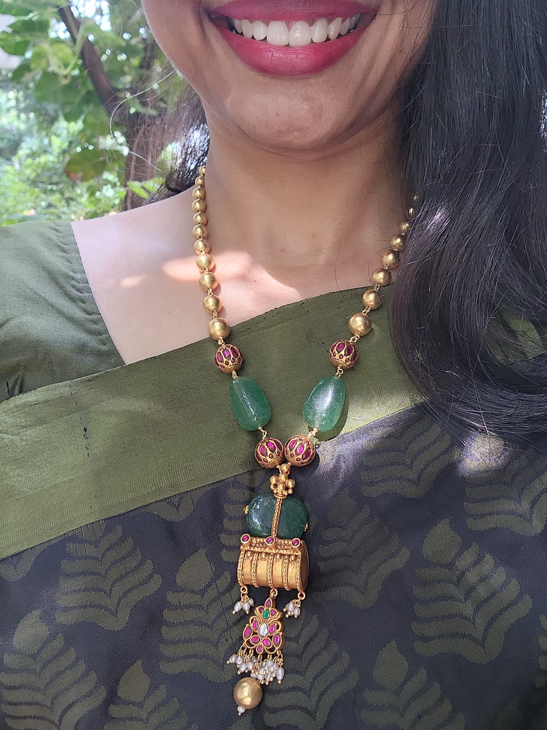 Antique style pendant with green beads & gold gundu beads necklace-Silver Neckpiece-PL-House of Taamara