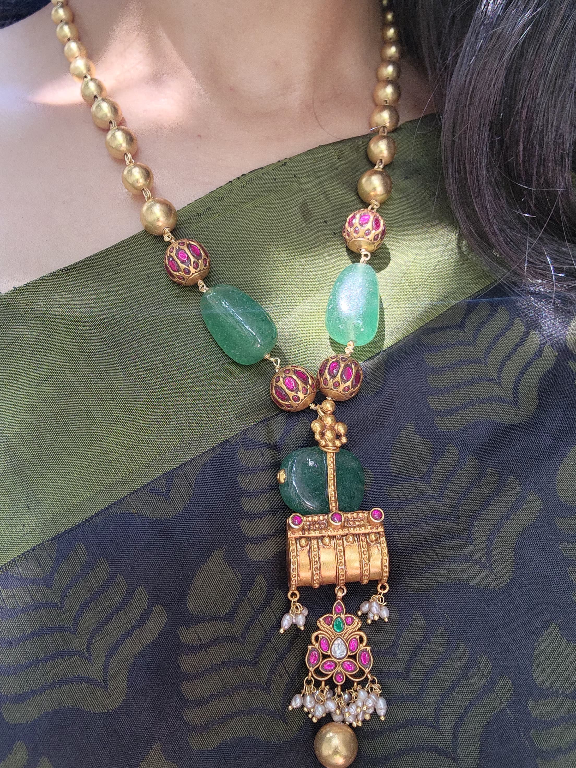 Antique style pendant with green beads & gold gundu beads necklace-Silver Neckpiece-PL-House of Taamara