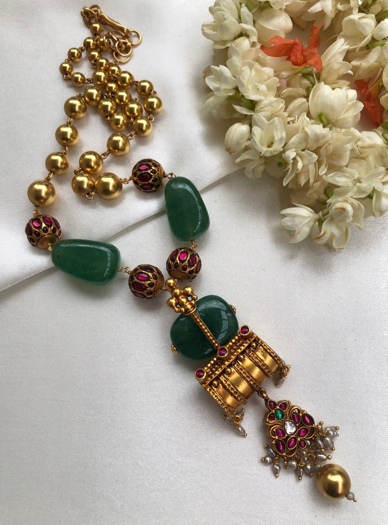 Antique style pendant with green beads & gold gundu beads necklace-Silver Neckpiece-PL-House of Taamara