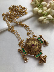 Antique style pendant with green kundan & pearls bunch mala-Silver Neckpiece-PL-House of Taamara