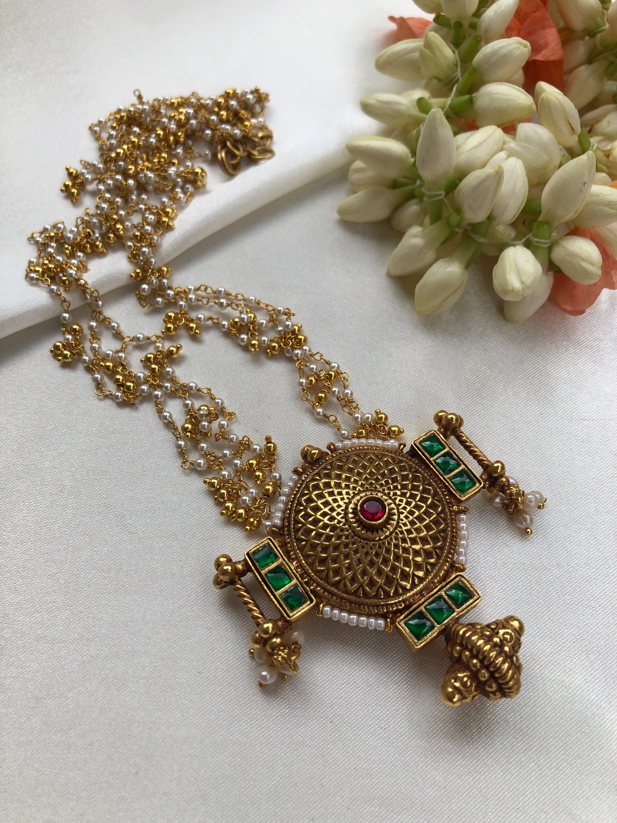 Antique style pendant with green kundan & pearls bunch mala-Silver Neckpiece-PL-House of Taamara