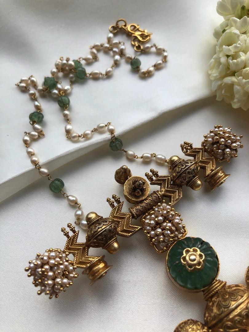 Antique style pendant with green pumpkin bead & pearls bunch-Silver Neckpiece-pl-House of Taamara