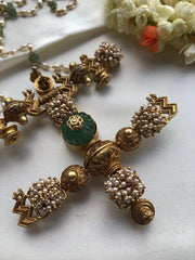 Antique style pendant with green pumpkin bead & pearls bunch-Silver Neckpiece-pl-House of Taamara
