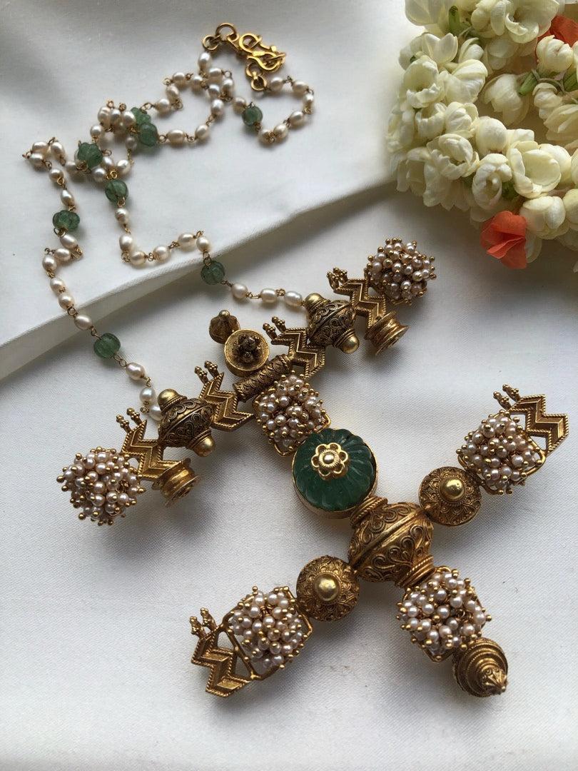 Antique style pendant with green pumpkin bead & pearls bunch-Silver Neckpiece-pl-House of Taamara