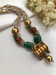 Antique style pendant with gundu & green beads pearls mala-Silver Neckpiece-PL-House of Taamara